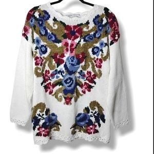 Vintage Nuggets Floral Crochet Knit Sweater Size L Cottagecore Classic Grandma